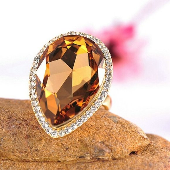 32mm Pear Cut Orange Champagne Water Drop Gold Ring - Picture 9 of 10